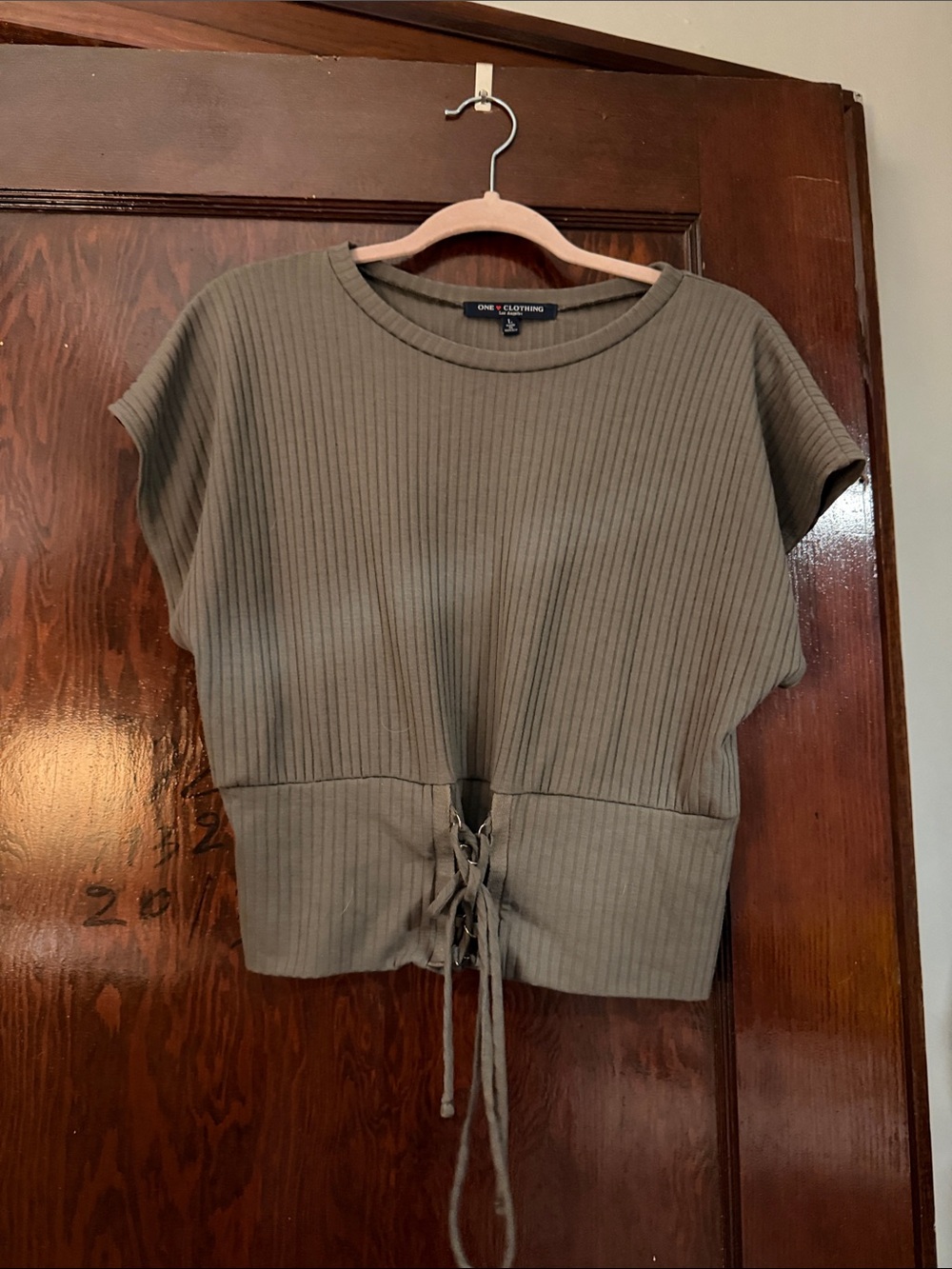 one clothing Olive Ribbed Lace-Up Waist Crop Top